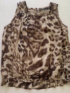 Share Cheetah Leopard Print 100% Silk Blouse Size XS S Brown Animal Ruffle Hem